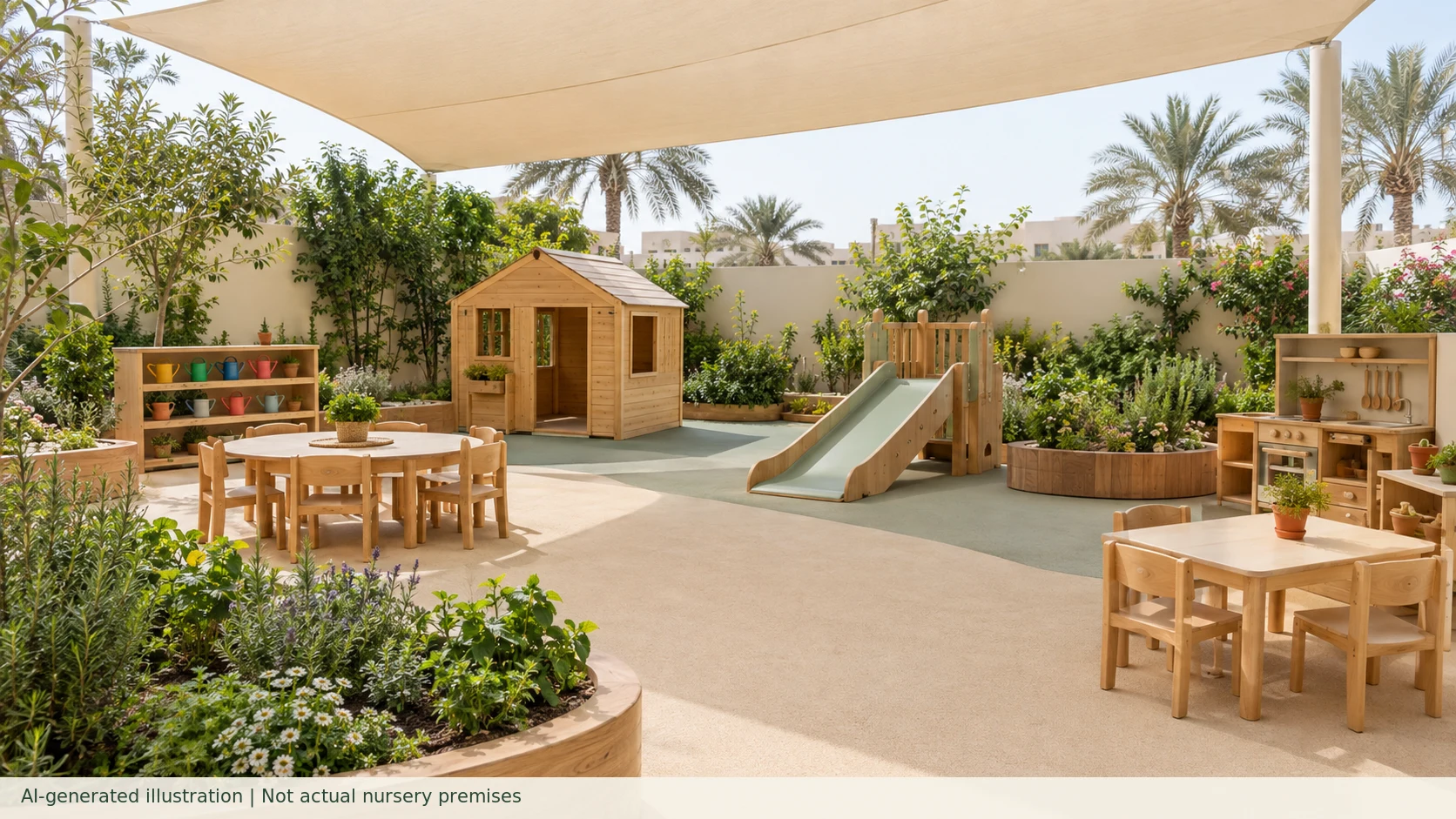 A garden-inspired Montessori learning environment with child-height planters and sensory paths